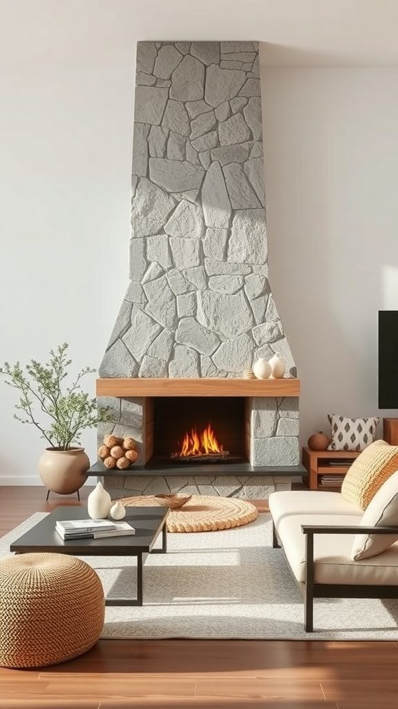 A sleek stone fireplace complemented by a wooden mantel, surrounded by minimalistic furniture.
