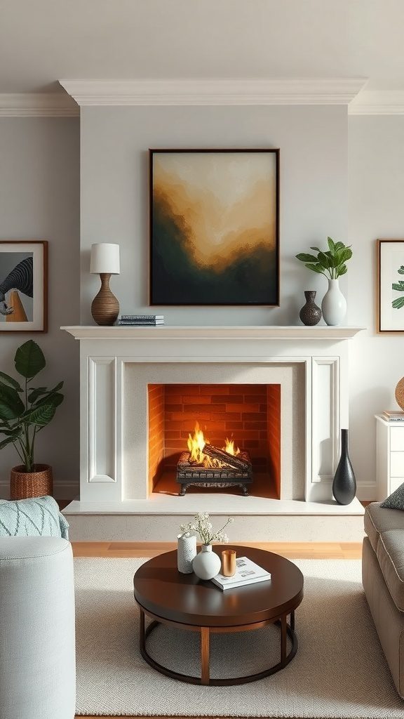 A modern fireplace adorned with abstract art above it, exuding warm tones and inviting ambiance.