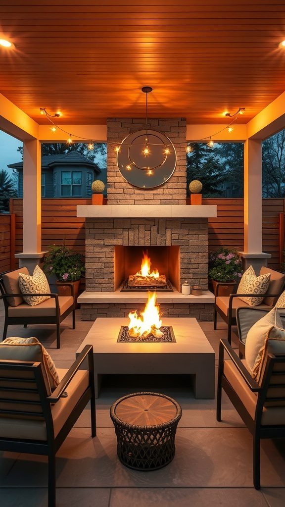 A modern outdoor fireplace featuring a stone design, cozy seating, and twinkling string lights.