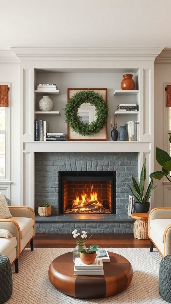 A modern fireplace surrounded by built-in shelves, showcasing decorative items and plants.
