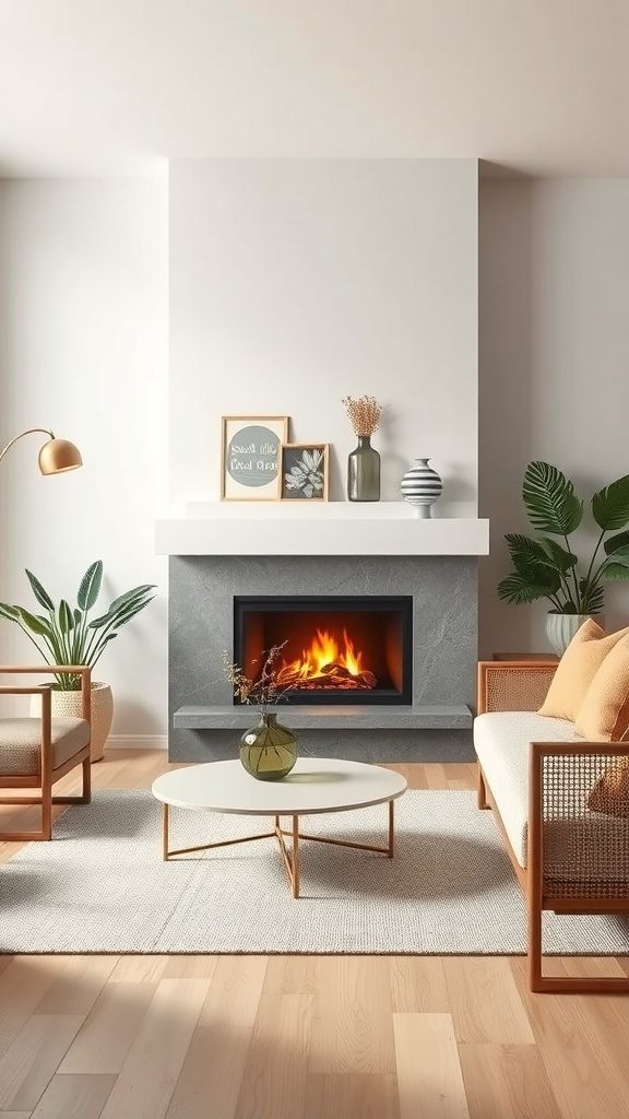 A contemporary bioethanol fireplace in an elegant living room with minimalist decor.