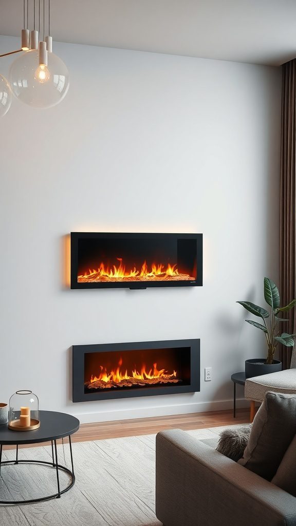 A contemporary living room showcasing two wall-mounted electric fireplaces, complemented by cozy seating and stylish decor.