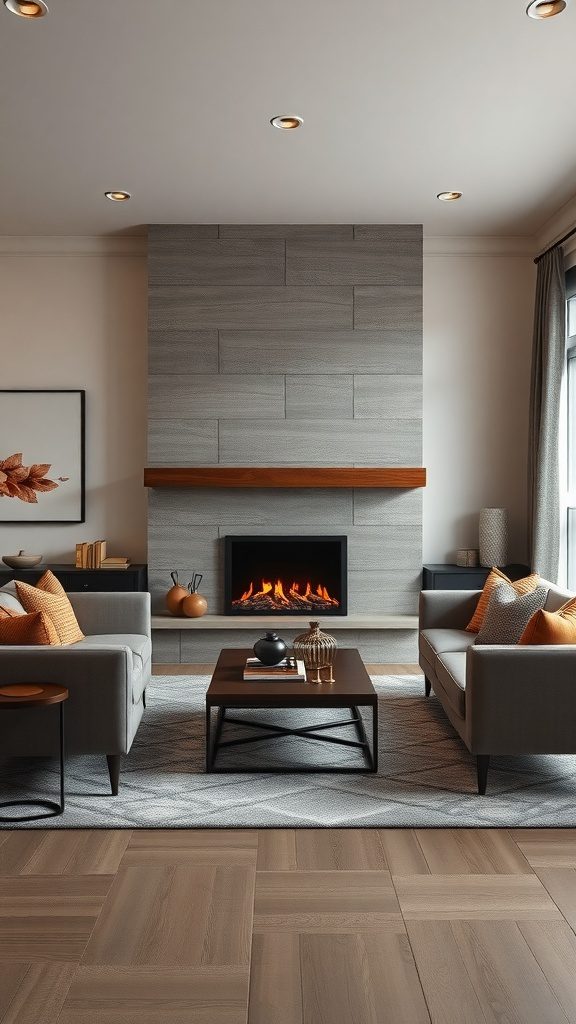 A contemporary double-sided fireplace with a gray stone wall and wooden mantel, surrounded by stylish furnishings.