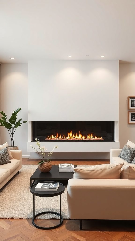 A modern living room featuring a sleek linear fireplace with flames, light-hued sofas, and a dark coffee table.