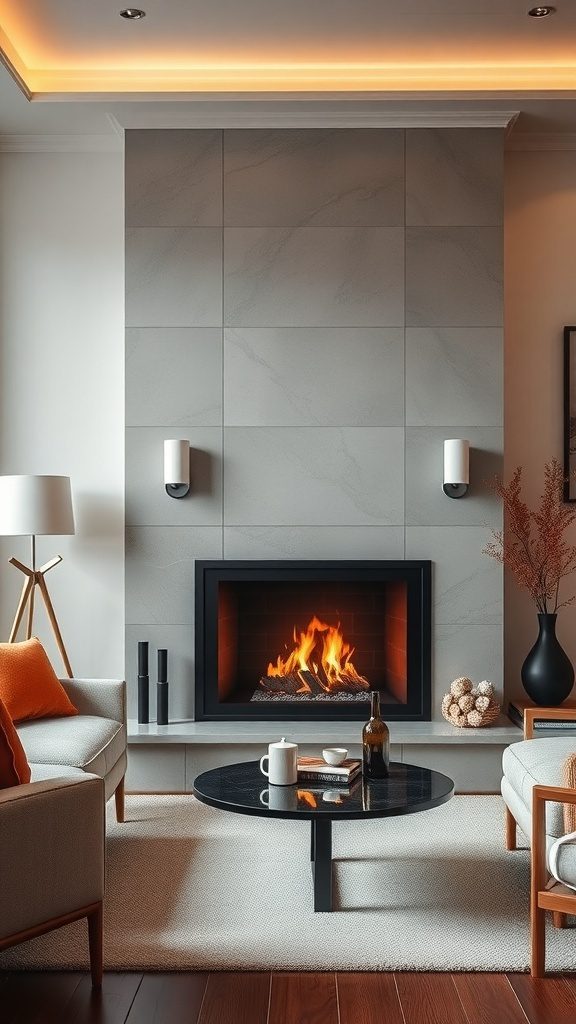 A contemporary fireplace featuring a glass enclosure, with a soft gray backdrop and cozy seating area.