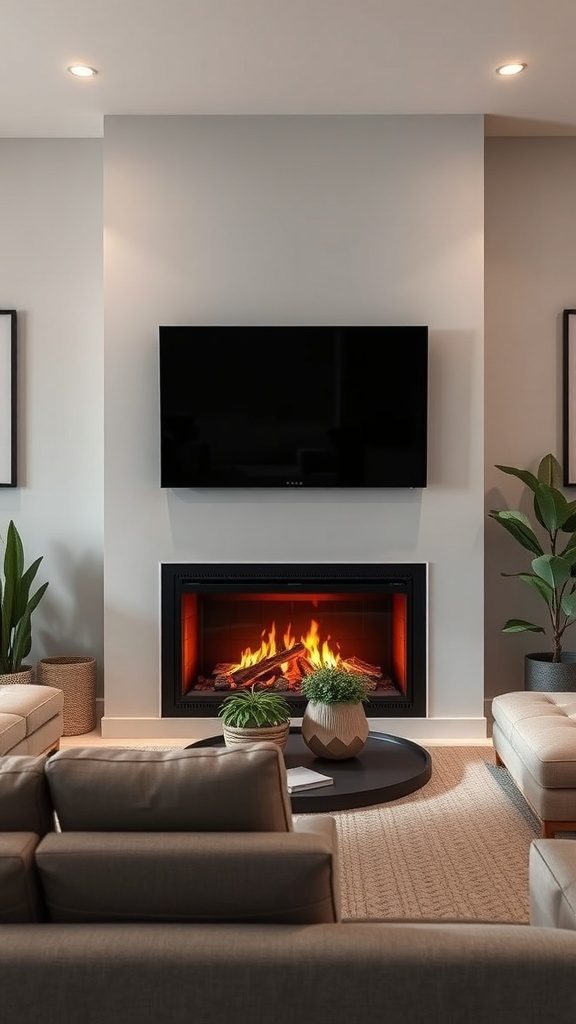 Modern living room featuring a smart fireplace and contemporary decor.