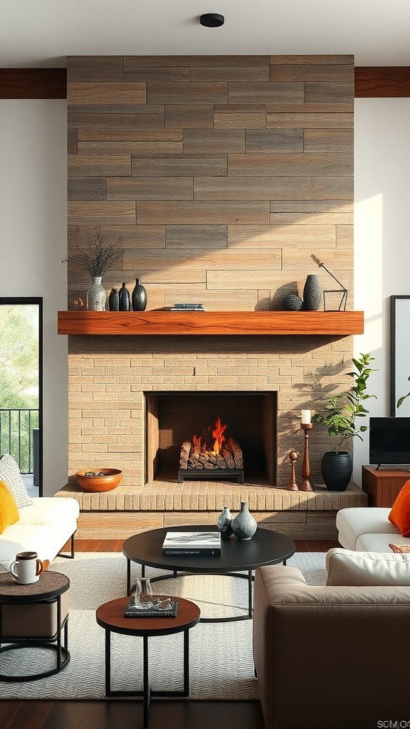 A rustic modern fireplace featuring a stone wall and wooden mantel, surrounded by comfortable furnishings.