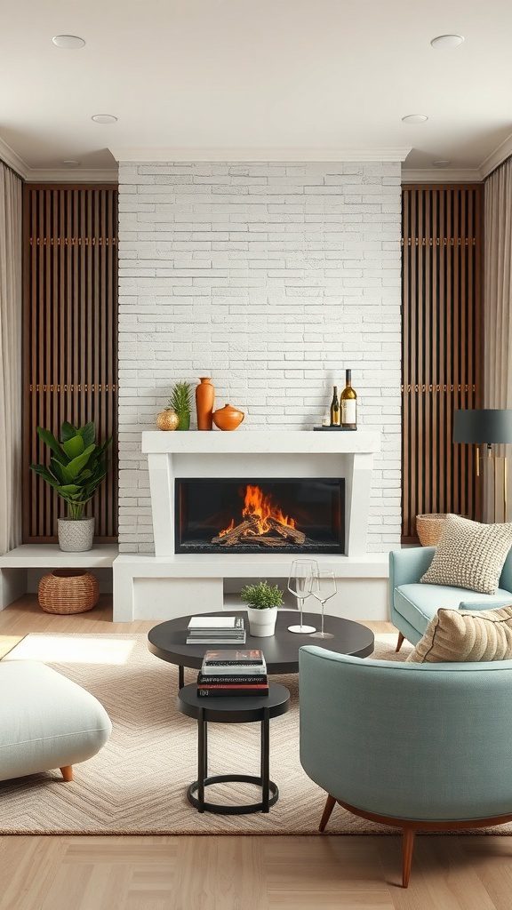 A stylish modern living room showcasing a glass-front fireplace, surrounded by comfortable seating and decorative pieces.