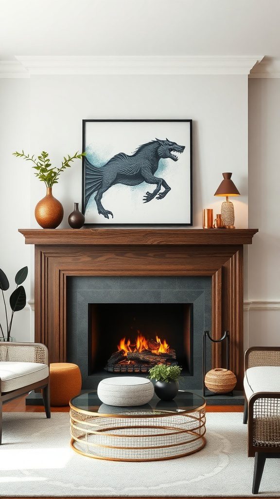 A striking fireplace with a distinctive wooden mantel, adorned with decorative items and extraordinary horse artwork above.