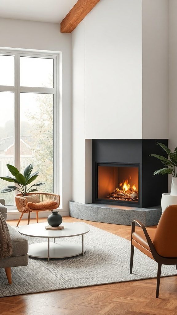 A sleek corner fireplace situated in a chic living room, creating a cozy atmosphere.