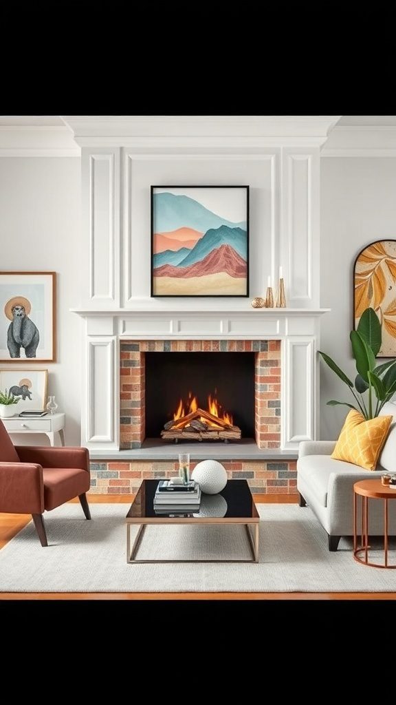 A vibrant fireplace in a stylish living room, featuring a colorful brick surround and decorative accents.
