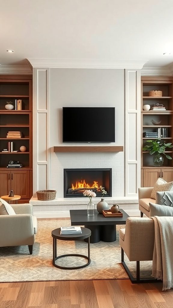 A contemporary living room featuring a custom fireplace installation with a television mounted above and stylish shelving on either side.