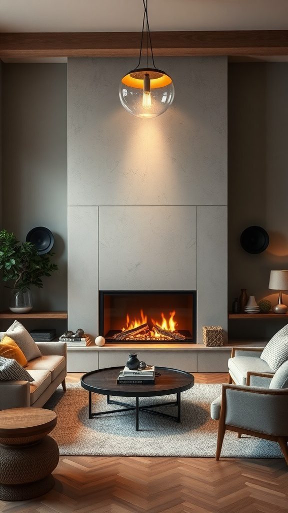A contemporary living room equipped with a fireplace and surround sound installation, showcasing a minimalist aesthetic and warm ambiance.