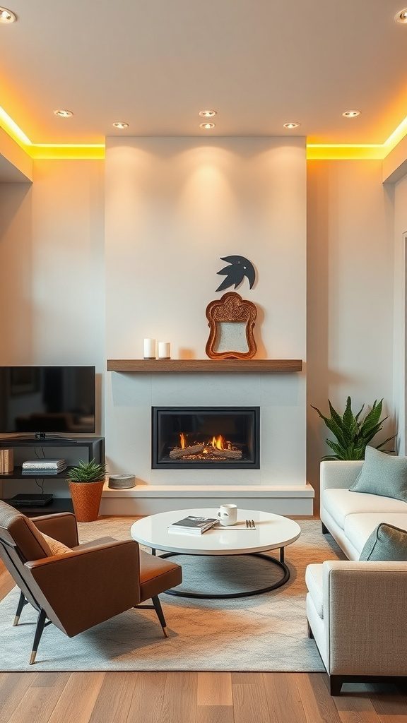 A chic living area showcasing a fireplace with recessed lighting, stylish furniture, and a cozy feel.