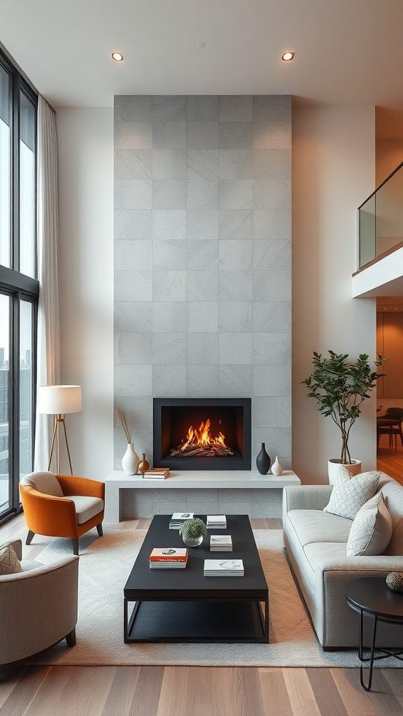 A modern vertical fireplace in a stylish living room filled with contemporary furnishings.