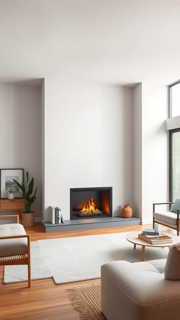 A modern freestanding fireplace in a minimalist living room with wooden flooring and abundant natural light.