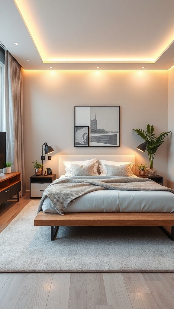 Sleek modern bedroom showcasing smart technology integration with chic furnishings and ambient lighting.