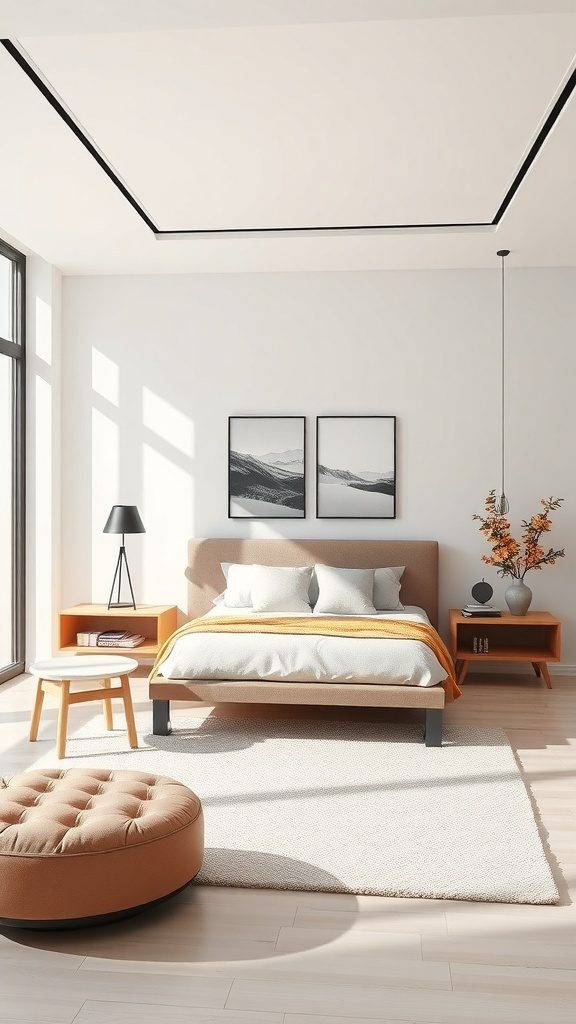 A modern bedroom characterized by floating furniture, featuring a low bed, side tables, and a round ottoman in a bright, airy environment.