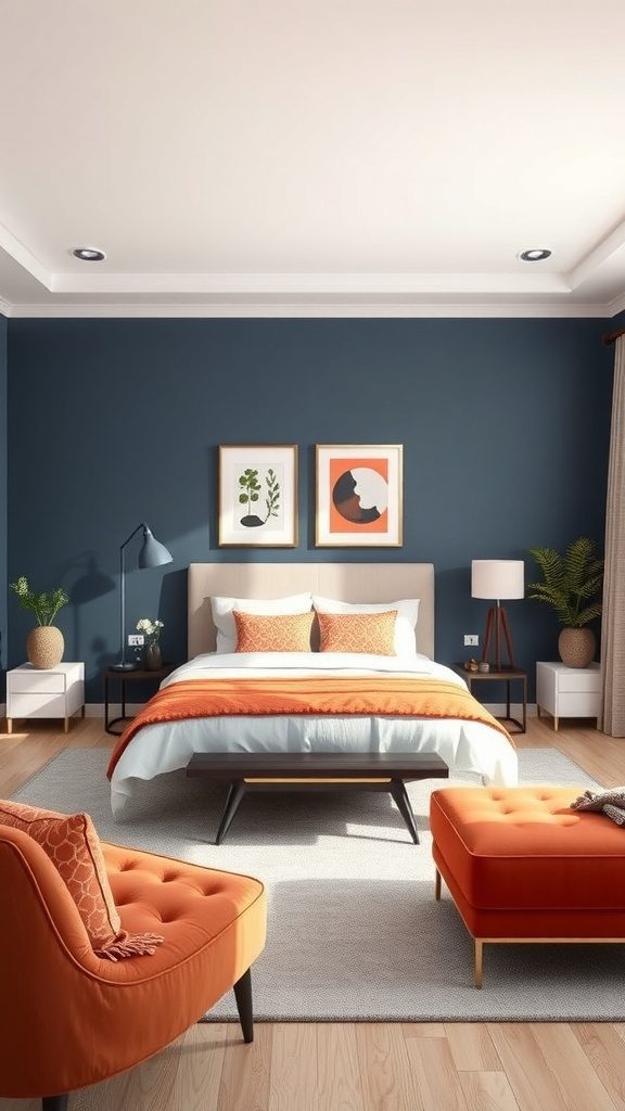 A contemporary bedroom highlighting a blue wall and orange accents that exemplify color blocking.