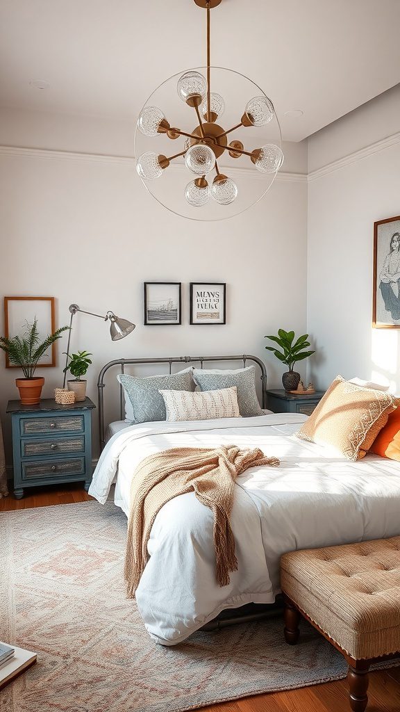 A modern bedroom blending diverse styles with a cozy bed, chic light fixture, and greenery.