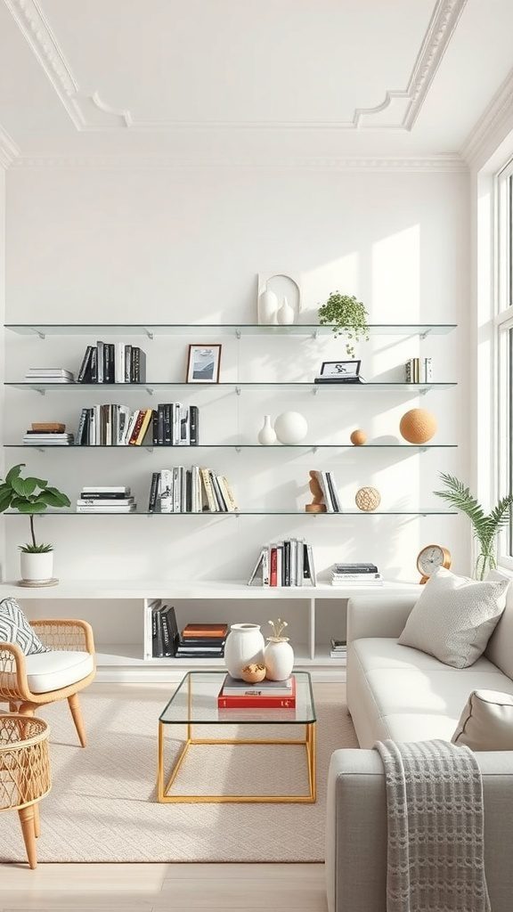 A contemporary living area showcasing glass shelves adorned with books and decor, creating an airy feel.