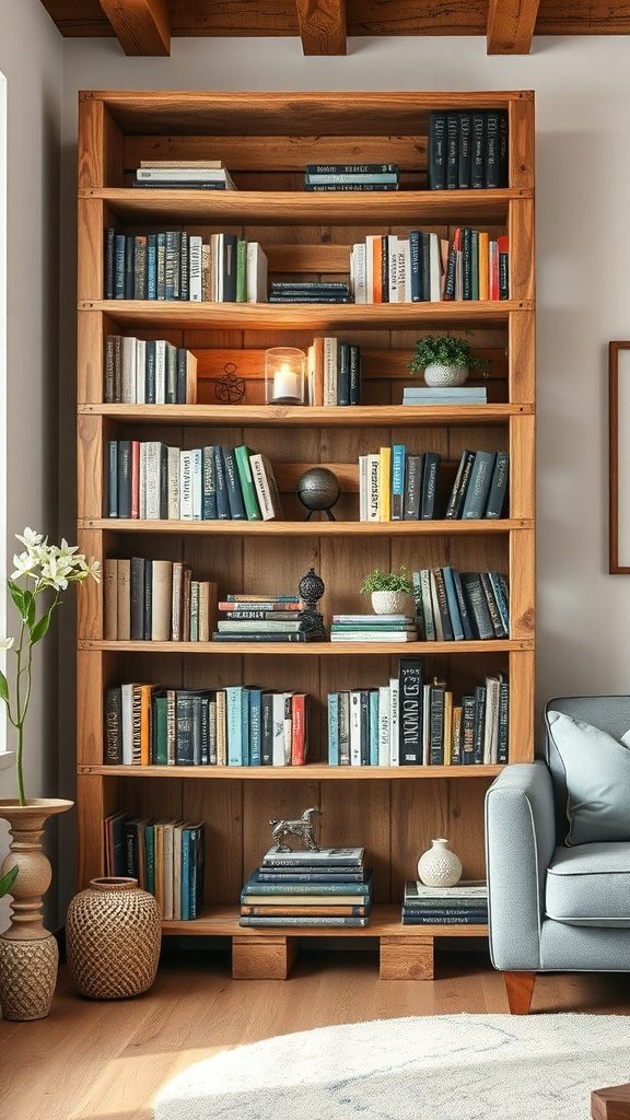 A wooden bookshelf filled with books and decorative items, showcasing a rustic and cozy vibe.