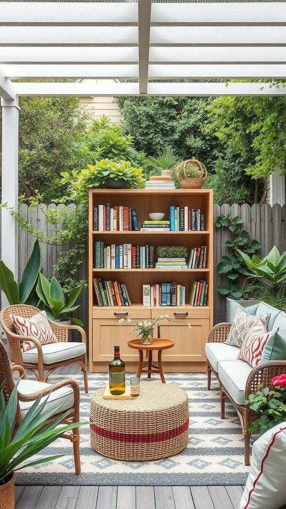 A charming outdoor reading space featuring a wooden bookshelf filled with books, encircled by plants and cozy seating.
