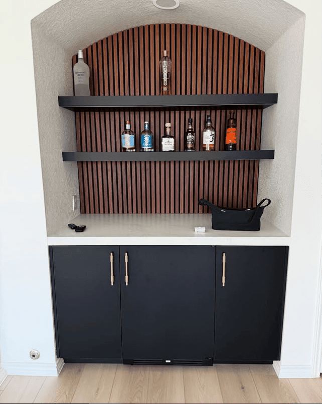 Minimalist Alcove Bar with Warm Wood Features
