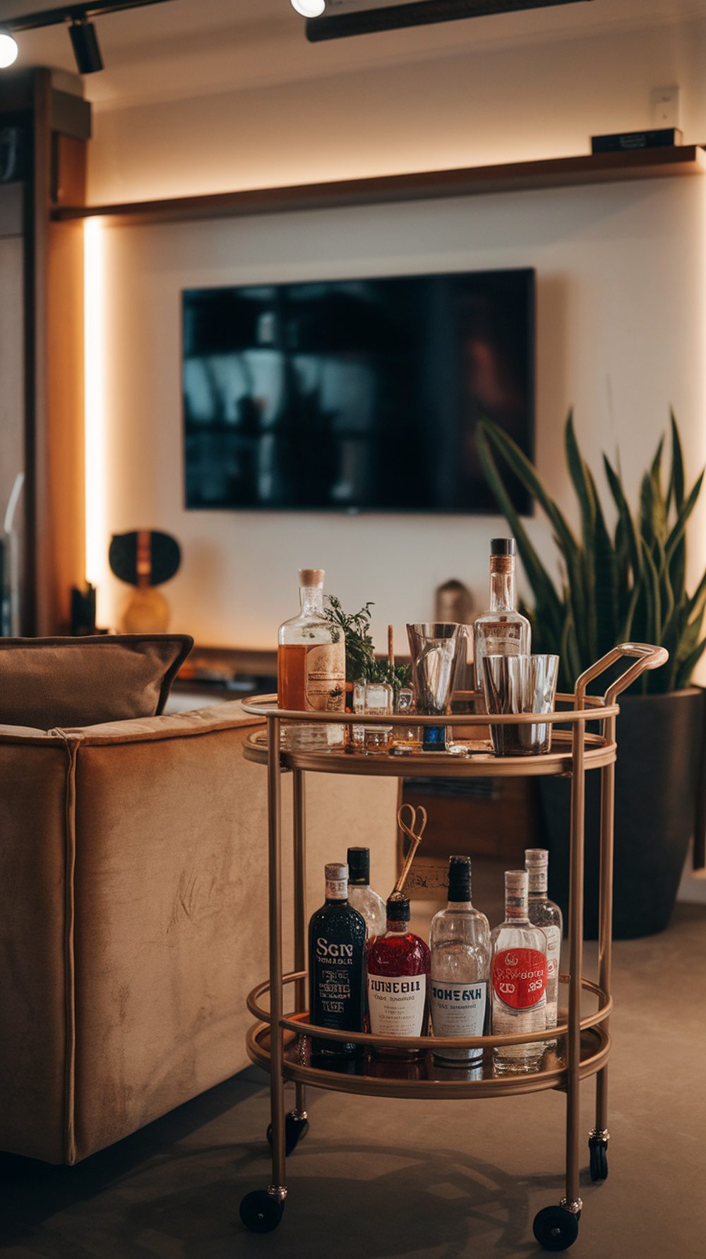 A stylish bar cart with various bottles and bar tools in a modern living space.