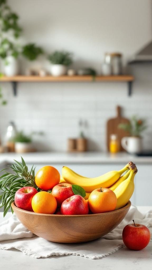 A wooden bowl filled with apples, oranges, and bananas on a kitchen countertop.