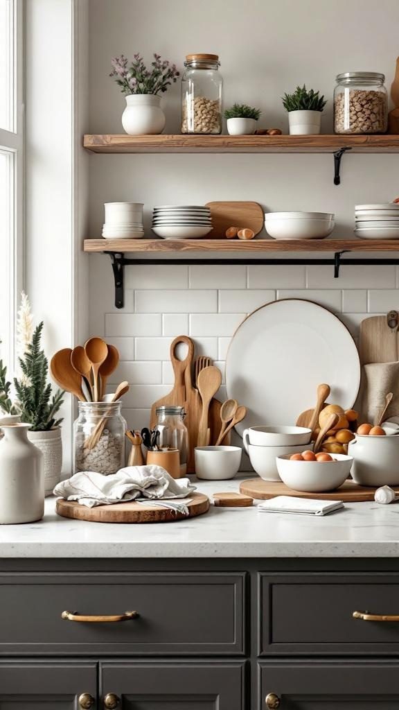 A well-organized kitchen countertop with baking tools and ingredients.