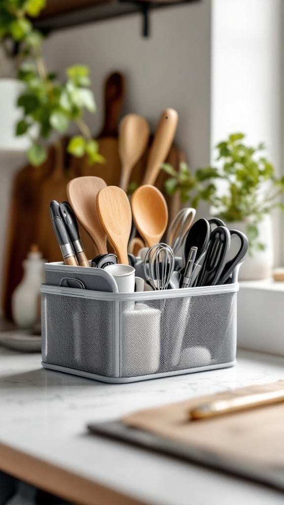 A compact kitchen gadget organizer filled with various utensils on a countertop.