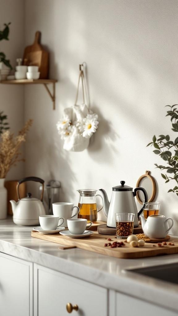 A cozy tea station setup on a kitchen countertop featuring a teapot, cups, and a wooden tray with tea and snacks.