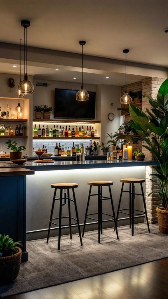 A stylish basement bar with warm pendant lighting, a well-stocked shelf, and plants for decoration.