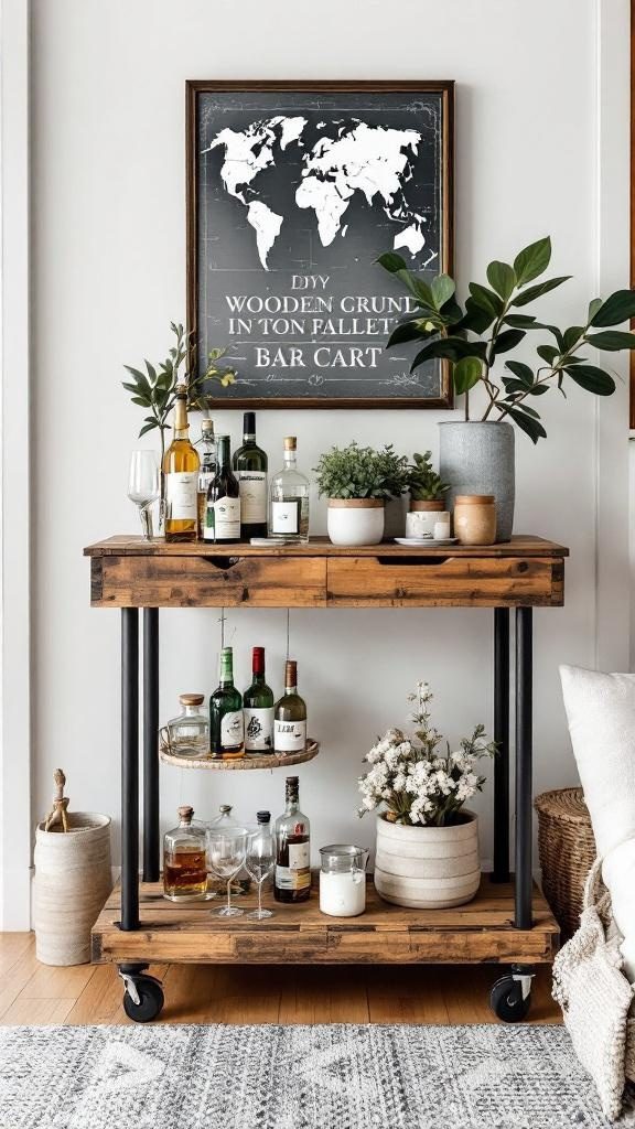 A DIY bar cart made from pallets, featuring bottles of drinks, plants, and a world map on the wall.