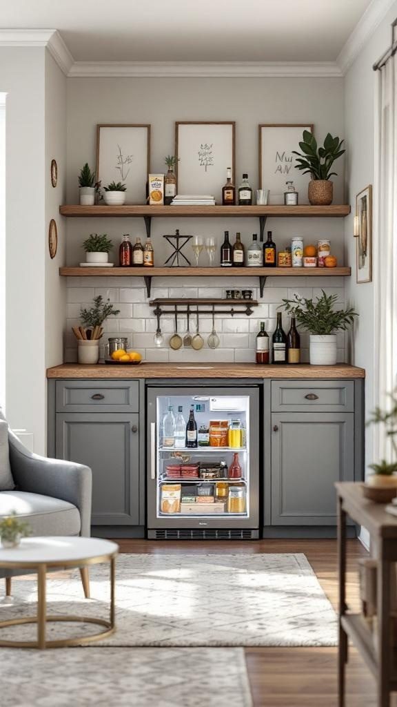 A stylish mini fridge in a cozy basement bar setting with shelves of drinks and decorative items.