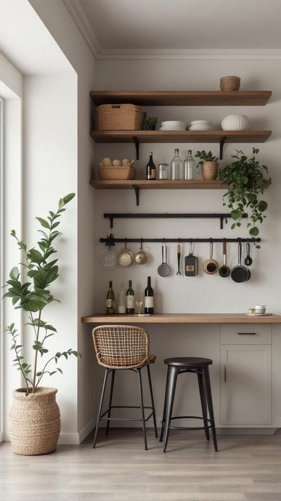 A modern basement bar setup featuring open wooden shelves, hanging pots, and a plant.
