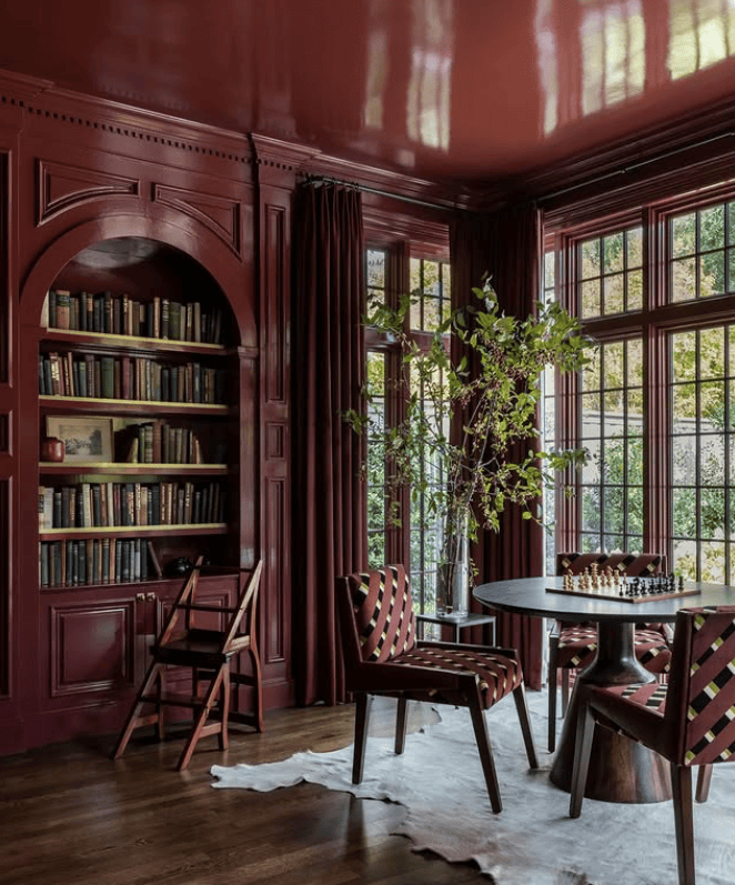 Striking Burgundy Library Exuding Classic Sophistication