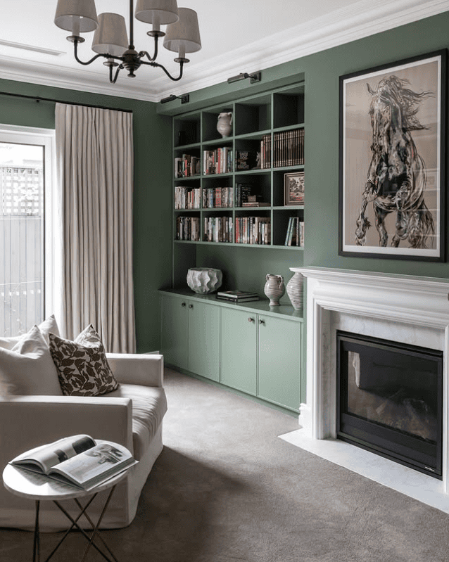 Calm Green Library Area with Fireplace Appeal