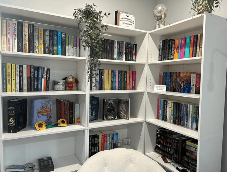 Luminous White Corner Library with Character and Style