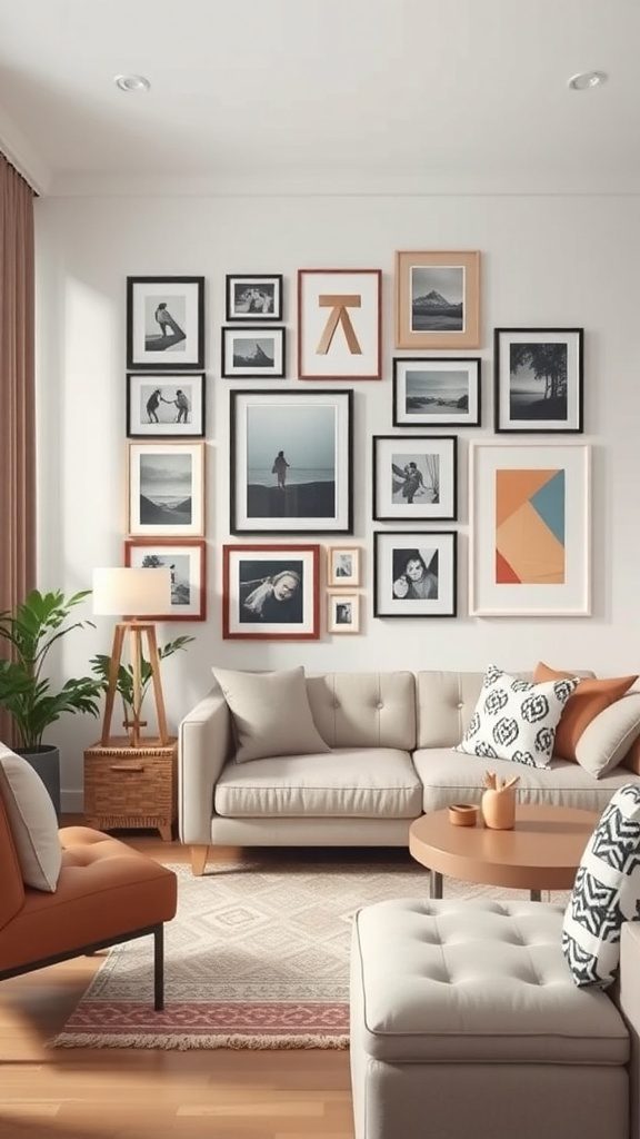 A cozy living room featuring a gallery wall with various framed photos and art pieces.