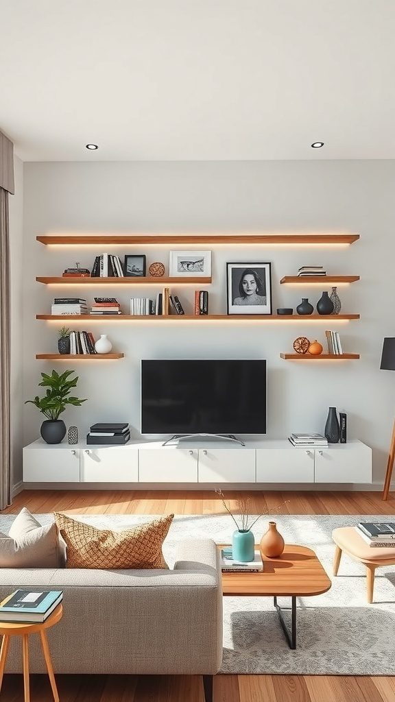 A modern living room featuring floating shelves with books, decorative items, and a TV.