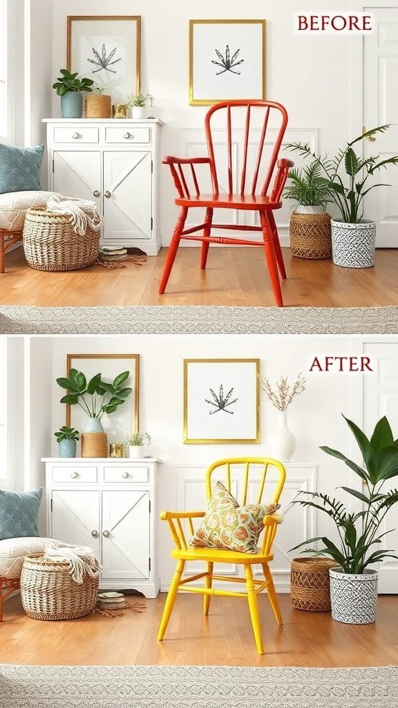 Before and after images of a chair transformation with paint.