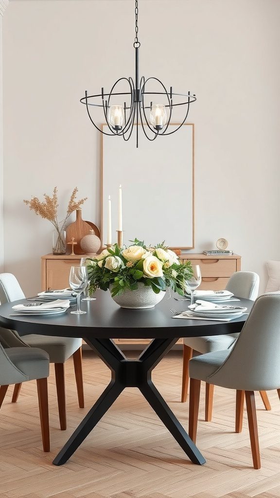A modern dining table with a floral centerpiece, elegant tableware, and a stylish chandelier.