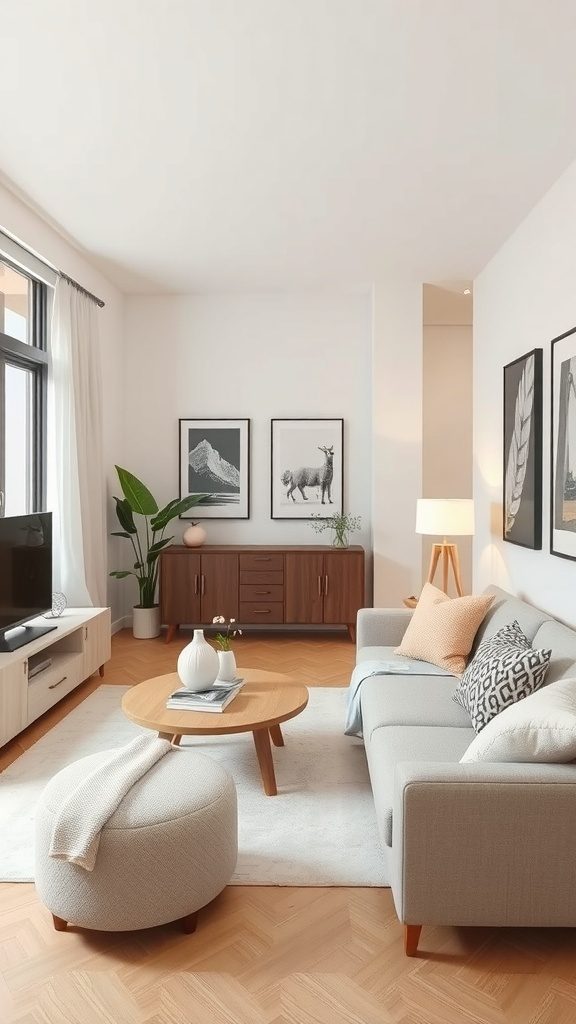 A cozy living room featuring a modern sofa, round coffee table, and framed art on the walls.