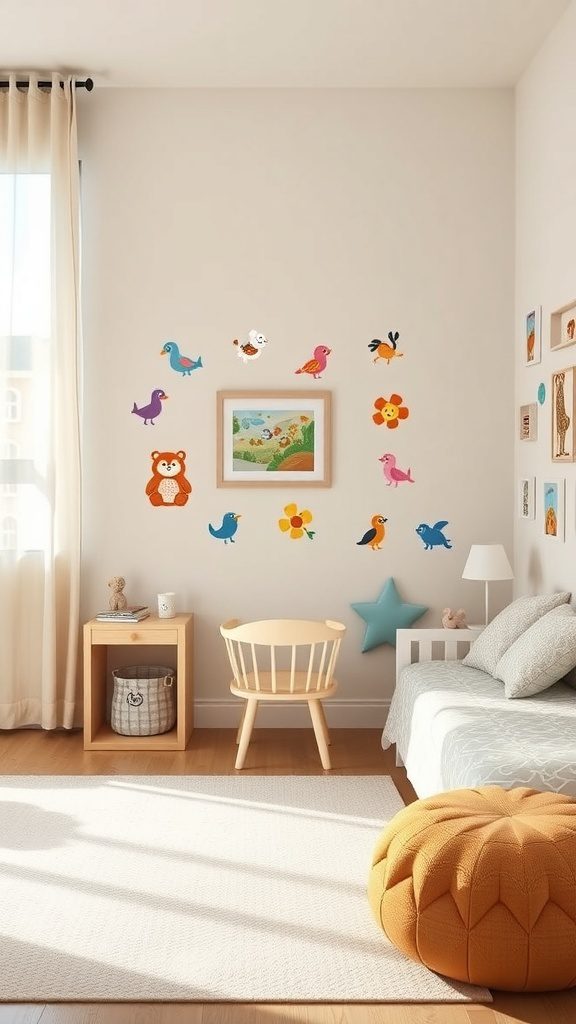 A bright room featuring colorful wall decals of animals and flowers, creating a cheerful atmosphere.