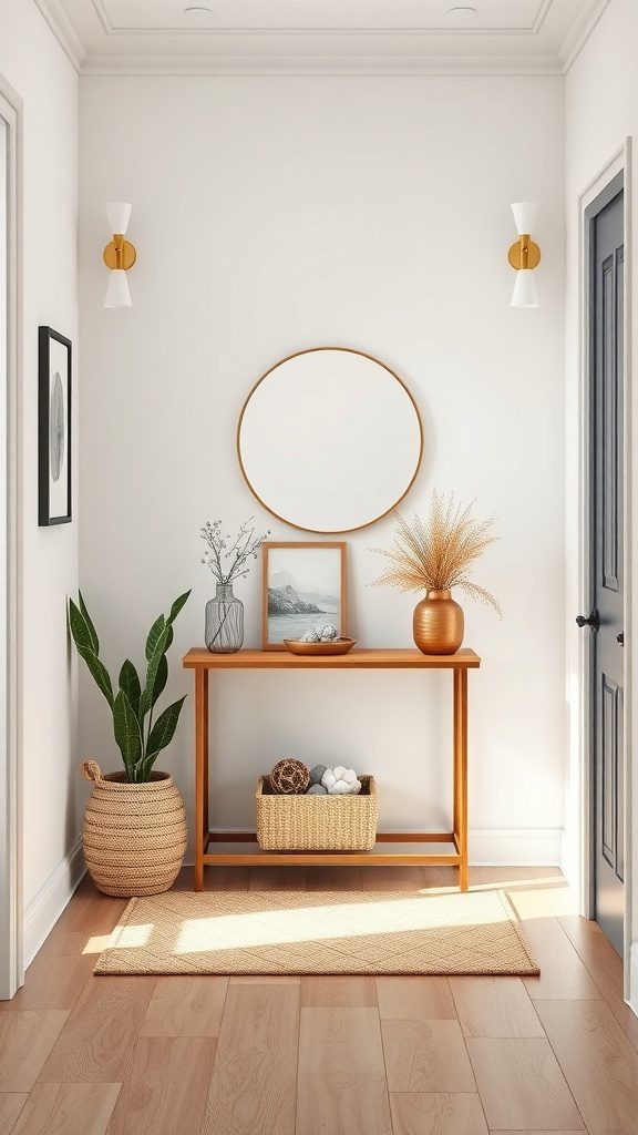 A bright and welcoming entryway featuring a console table, a round mirror, plants, and soft lighting.