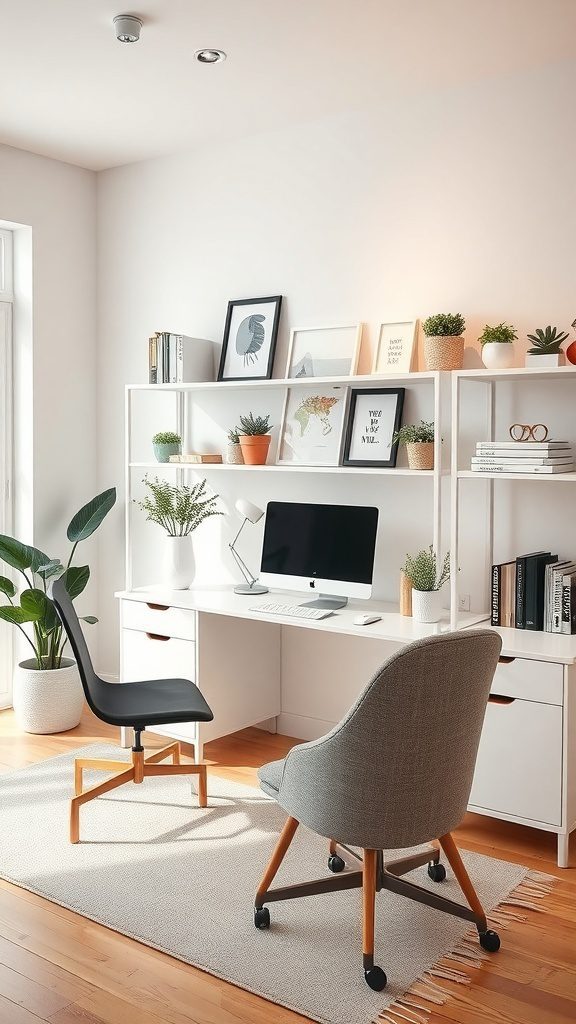 A bright home office with a white desk, two chairs, plants, and decorative shelves.