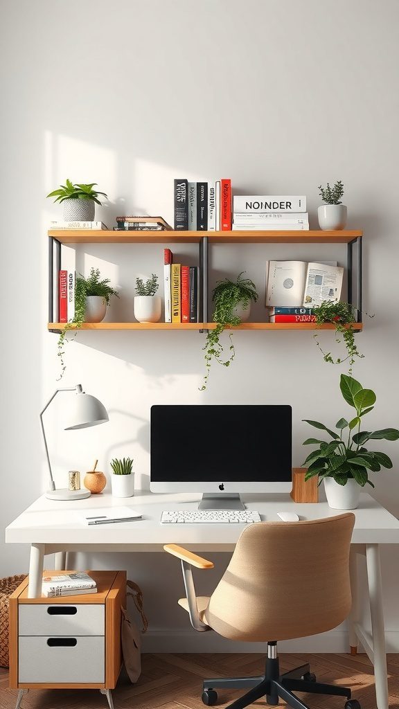 An organized desk with shelves above holding books and plants.
