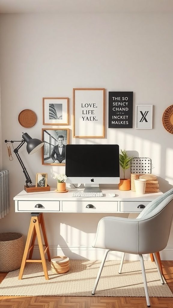 An aesthetically pleasing desk with a computer, decorative elements, and motivational quotes on the wall.